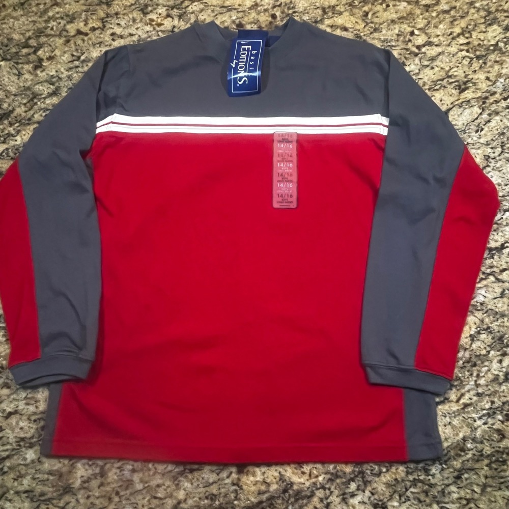 NEW Vintage Basic‎ Editions Boys Red Grey Colorblock Long Sleeve Shirt XL 14/16